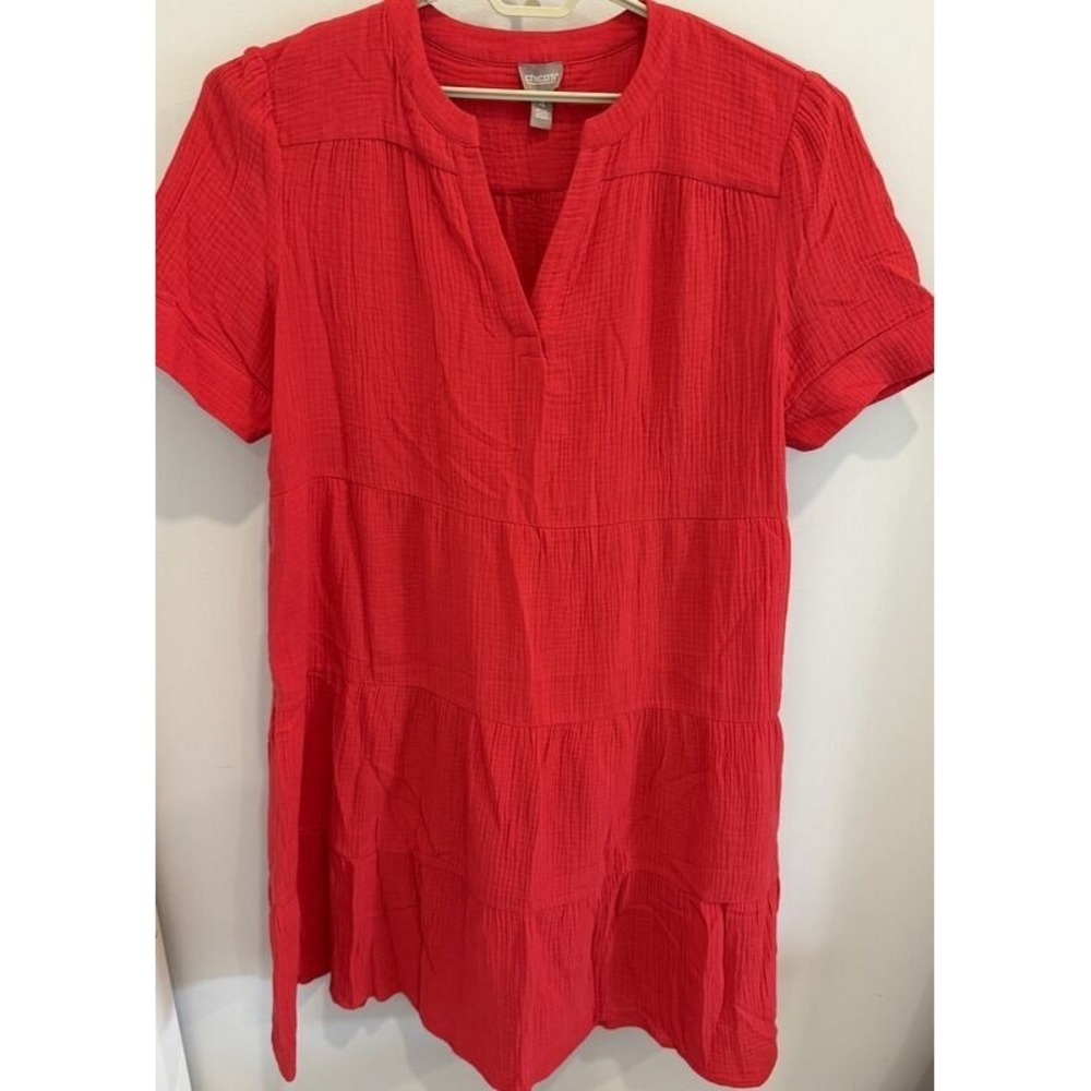 Chicos Gauze Double Cloth Short Sleeve Tiered Dress Deep Pink Pockets Size 4 XXL